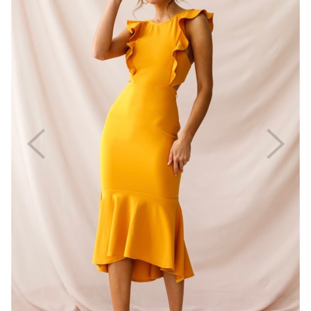 Jackie Wide Ruffle Hem Pinafore Midi Dress Mustard